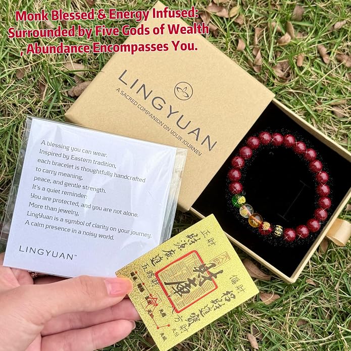 LINGYUAN Feng Shui Wealth and Luck Bracelet with Gold Foil Five Gods Amulet-Red Agate Cinnabar Gemstone Bracelet for Prosperity, Protection & Success, Lucky Charm Gift for Men & Women
