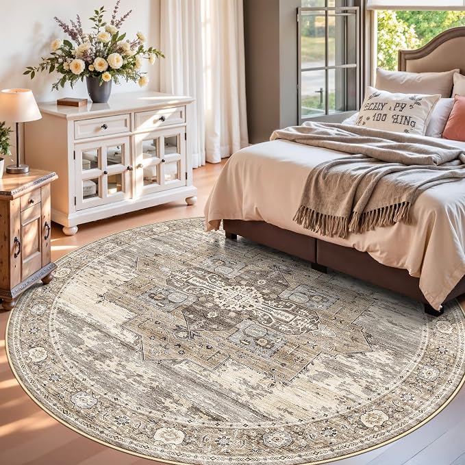 RUUGME 8ft Round Area Rug - Washable Vintage Round Area Rugs for Living Room Bedroom Ultra Soft Decoration Carpets with Non Slip Backing Stain Resistant Floor Mat for Bathroom 8ft Beige