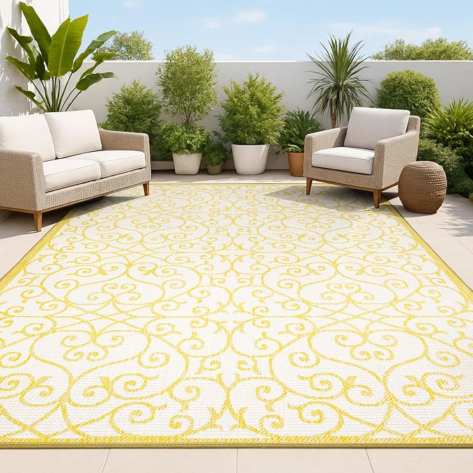JONATHAN Y Vintage Filigree Indoor Outdoor Area Rug 8X10 Cream/Yellow, Madrid Textured Weave for Backyard, Patio, Porch, Easy-Cleaning, High Traffic, Pet-Friendly, Non-Shedding (SMB107D-8)
