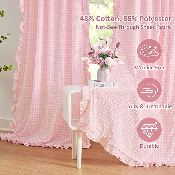 ZJDECOR Short Blush Pink Buffalo Plaid Curtains 63 Inch for Girls Room | Crinkle Not-See-Through Sheer Drapes for Kids Room,Farmhouse Bedroom Living Room Window Treatment,Rod Pocket,40"Wx63"Lx2