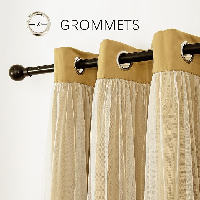 INLINAS Gold Blackout Curtains with Sheer Overlay - Grommet Top Thermal and Noise Reduction Panels for Bedroom and Living Room Light Blocking and Energy Saving, 52 x 63 Inches, Set of 2