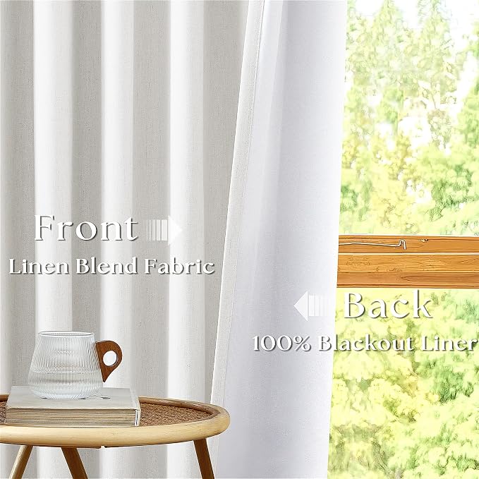 Beige White Pinch Pleat 100% Blackout Linen Curtains 2 Layers 45 Inch Long | Memory Trained, Thermal Insulated, UV Blocking, Noise Reducing, Room Darkening, Black Out Short Curtains for Kitchen 2 Panels