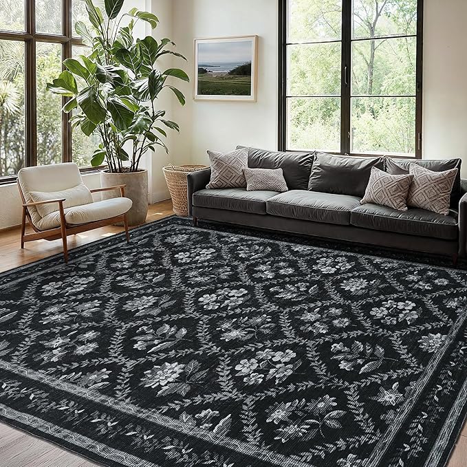 Black Floral 8x10 Area Rugs for Living Room, Black and White Bedroom Rug Boho Low-Pile Dining Room Washable Carpet 8x10, Vintage Soft Indoor Non-Slip Floor Carpet Nursery Kids Playroom