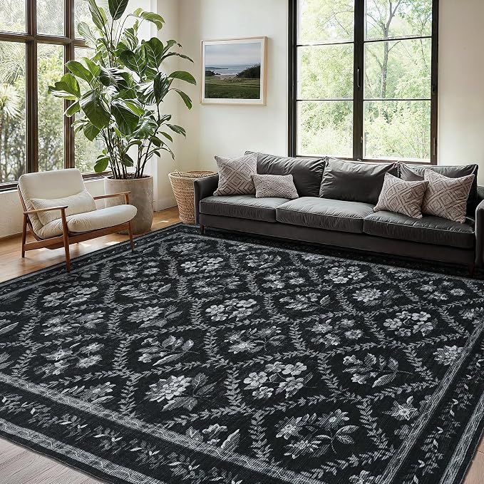 Black Modern Farmohouse Floral Area Rug Boho Flower Washable Area Rug 5x8 Living Room Stain Resistant Soft Bedroom Charcoal Black Vintage Dining Room Floor Covering for Under Table Indoor Carpet