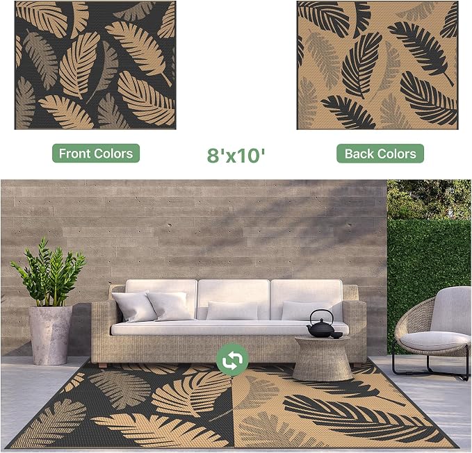 GENIMO Outdoor Rug, Waterproof Plastic Rugs for Patio, 8'x10' Black Brown | Outside Larger Leaf Carpet Mat for Porch Decor, Deck, Balcony, Camping, RV, Backyard, Picnic, Beach, Reversible, Foldable