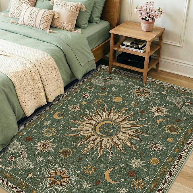 Vacuum-Friendly, 4x6 Washable Area Rug, Green Brown | Sun and Moon Boho Gothic Non-Slip Low Pile Living Roon Bedroom Dining Room Kitchen Entry Entryway Entrance Hallway Doormat