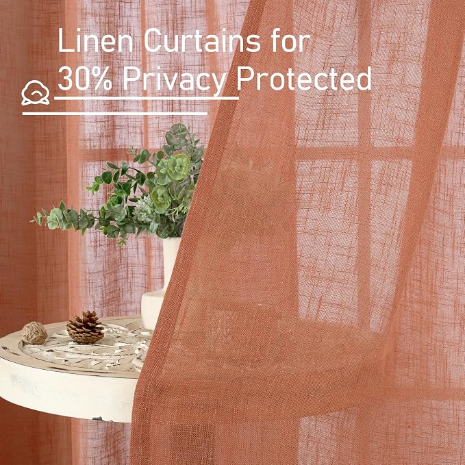 LAMIT 30 Inch Linen Kitchen Curtains, Semi Sheer Light Filtering Window Panels Back Tab and Rod Pocket Drapes for Basement/Small Windows, Terracotta, 25 x 30 Inch, 2 Panels