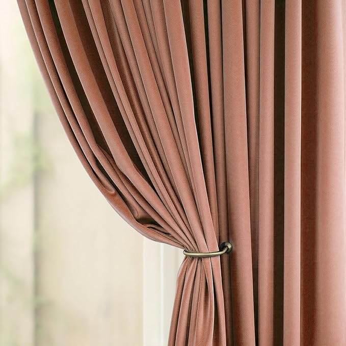 Cinnamon Velvet Curtains 84 Inch Length 2 Panel for Living Room Bedroom Boho Vintage Luxury Blackout Velvet Drapes for Dining Room Darkening Thermal Insulated Curtain 84 Long Back Tab Terracotta Brown