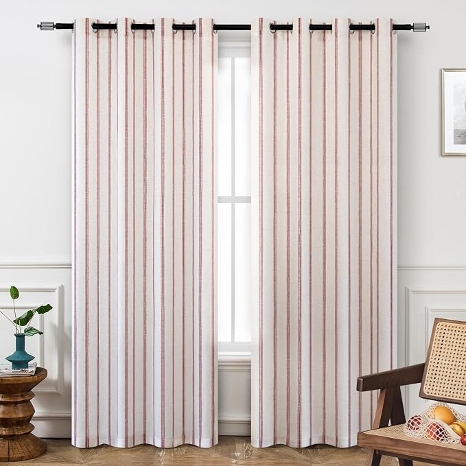 DriftAway Farmhouse Linen Stripe Blackout Curtains, W52xL96, Red | Blackout, Linen Texture, Stripe Pattern, Rod Pocket & Back Tab, Two Layers, Bedroom Living Room Use, Sound Reducing Design