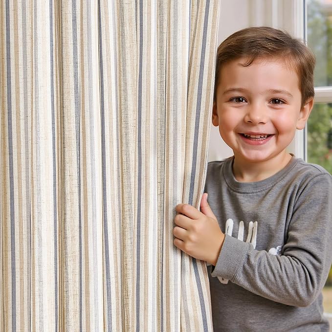 jinchan Linen Curtains 63 inch Blue Stripe for Kids Room Grommet 2 Panels | Kids Curtains for Nursery Living Room Bedroom Baby Boys Room,Cute Colorful Ticking Stripe,Cottagecore Rustic,Light Filtering