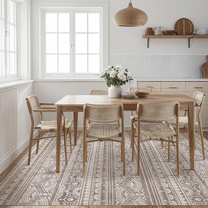 Tortania Area Rug Living Room Rugs - 6x9 Washable Large Soft Neutral Boho Moroccan Bohemian Farmhouse Rug Indoor Floor Carpet for Bedroom Under Dining Table Home Office Decor - Dark Brown