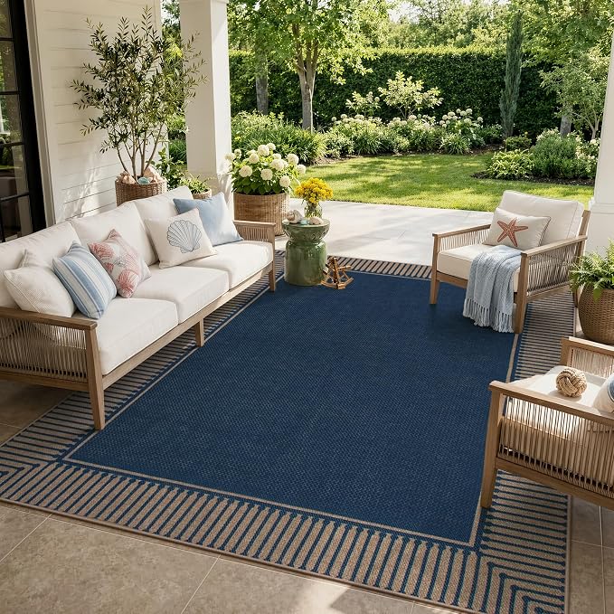 Moynesa Easy Jute Outdoor 8x10 Rug, Blue Striped Border Washable Indoor Outdoor Patio Area Rugs, Farmhouse Neutral Non Slip Carpets for Living Room Bedroom Backyard Home Decor