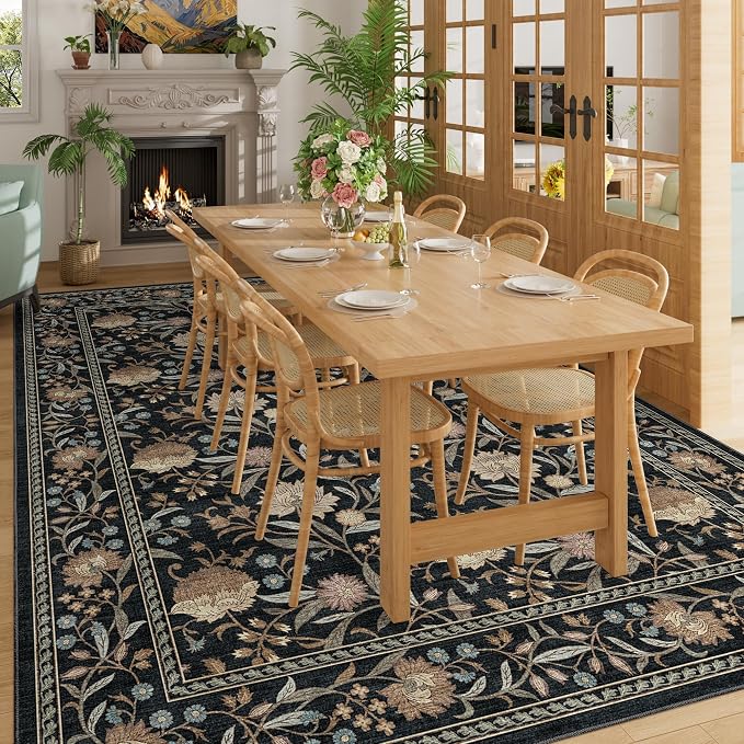 DUKINO 9x12 Area Rug for Living Room, Vintage Floral Washable Rug, Black | Non Slip, Low Pile, Non-Shedding, Stain Resistant, Aesthetic Soft Indoor Large Carpet for Bedroom Dining Room Farmhouse