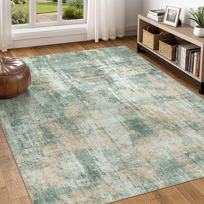 DMOYEST 6x9 Area Rug - Washable & Non Slip Indoor Rug for Living Room, Kid & Pet Friendly Abstract Low Pile Soft Carpet for Bedroom and Dining Room - Green