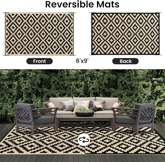 Smiry Waterproof Outdoor Rug 6x9 ft, Reversible Plastic Straw Patio Camping Rugs, Outdoor Indoor RV Mat Carpet for Patio, Outside Entry, Backyard, Deck, Bench, Picnic, Camper, Black & Beige