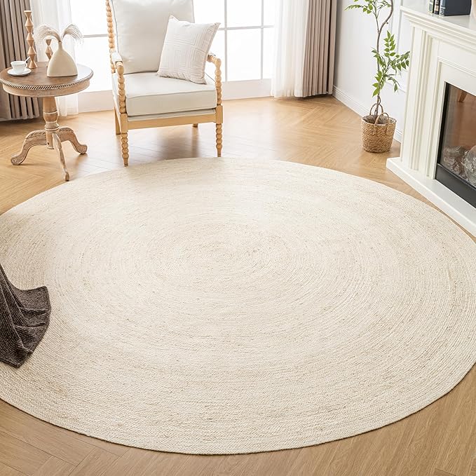 Shatex White Round Rug 6 Feet, Chunky Hand Braided Textured Jute Rug Rustic Style for Home Decor, Bedroom, Living Room, 100% Natural Jute Fiber, Off-White