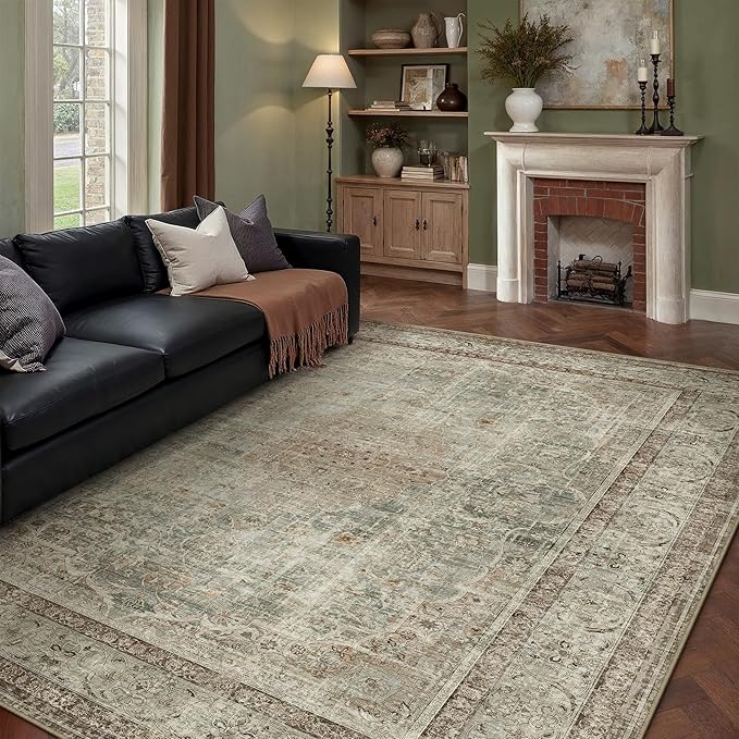 PureCozy 6x9 Area Rug Washable Sage Vintage Traditional Oriental | Non Slip, Soft Low Pile, Indoor Carpet for Living Room, Bedroom, Dining Room, Distressed Retro Decor