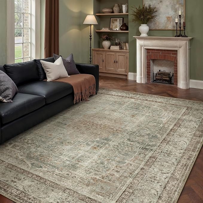 PureCozy 5x7 Area Rug Washable Sage Vintage Traditional Oriental | Non Slip, Soft Low Pile, Indoor Carpet for Bedroom, Living Room, Dining Room, Distressed Retro Decor