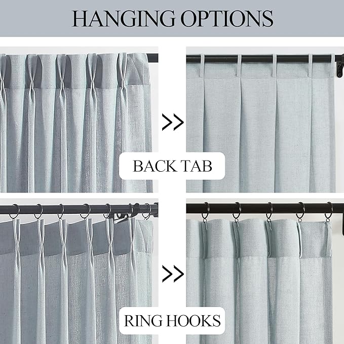 Vision Home Pinch Pleated Semi Sheer Curtains Textured Linen Blended Light Filtering Window Curtains 95 inch for Living Room Bedroom Pinch Pleat Drapes with Hooks 2 Panels 40" Wx95 L,Blue Fog