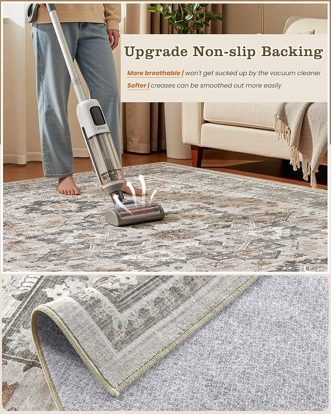 7x9 Vintage Area Rug: Washable Neutral Soft Non Slip Thin Large Floor Carpet for Living Room Bedroom Kitchen Dining Room Home Office Farmhouse Indoor - Taupe