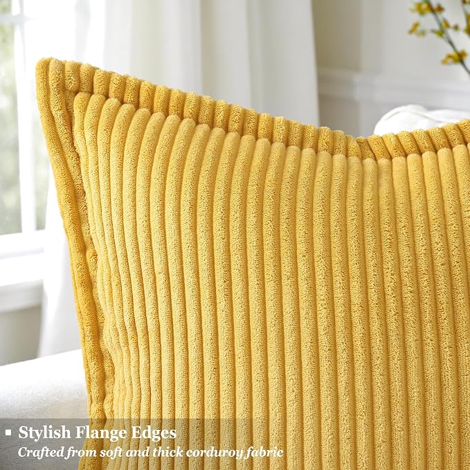 decorUhome Fall Corduroy Mustard Yellow Throw Pillow Covers 16x16 Set of 2 | Couch Decorative Soft Modern Boho Farmhouse Pillow Covers Broadside Striped Pillow Cases for Living Room Bed Sofa