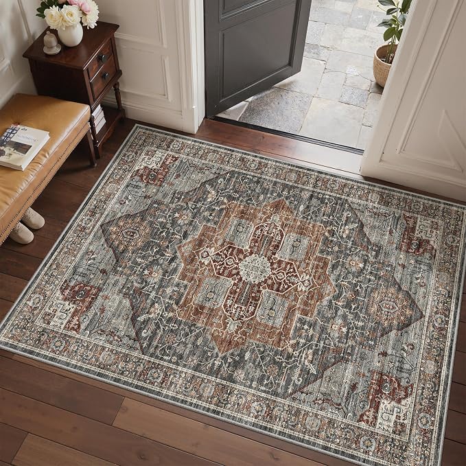 Roxstand Washable 3x5 Area Rug, Non Slip Rug for Entryway Grey/Brown/Tan | Low Pile Vintage Rug, Stain Resistant, Non-Shedding Design, Pet & Kid Friendly, Carpet for Living Room, Bedroom, Dining Room