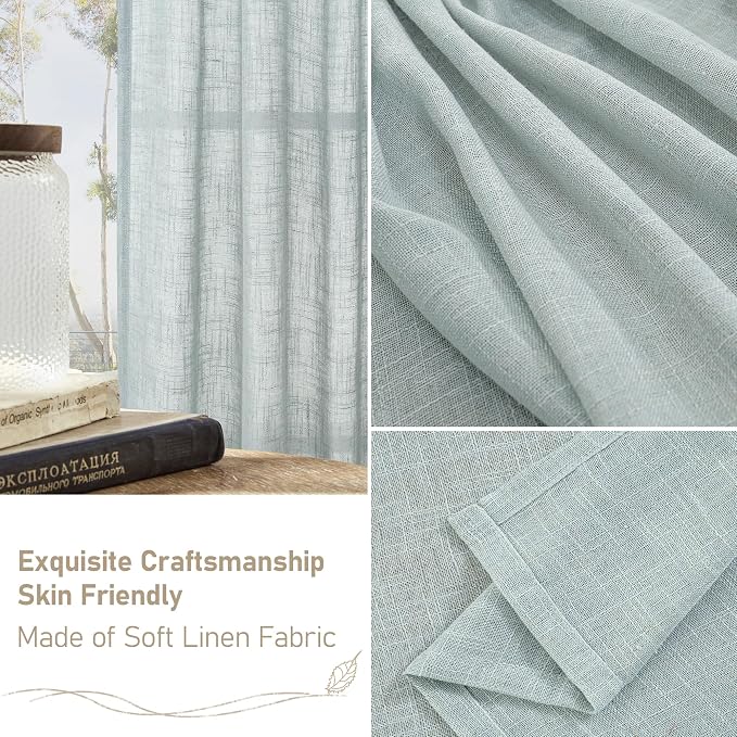 LAMIT Linen Semi Sheer Curtains 48 Inch for Bedroom, Light Filtering Neutral Window Curtains Farmhouse Boho Back Tab and Rod Pocket Panels, Greyish Blue, 2 Panels, 52 x 48 Inch