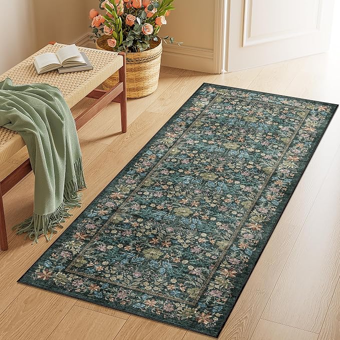 DUKINO 2x5 Rug Runner, Washable Vintage Floral Bathroom Rugs, Blue | Non Slip, Low Pile, Stain Resistant, Lightweight Soft Carpet Runner for Laundry Room Kitchen Hallway Bedroom, Non-Shedding