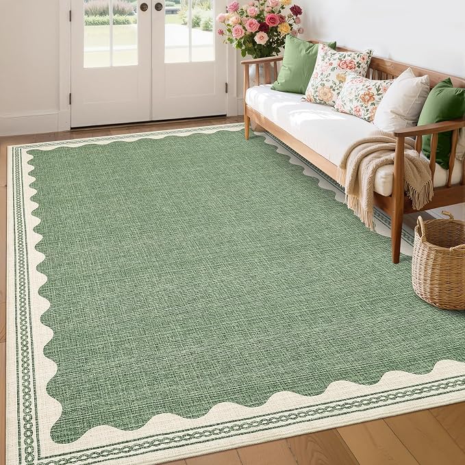 GarveeHome Scalloped Sage Green 8x10 Rug for Living Room Washable Non-Slip Solid Modern Minimalism Low-Pile Carpet 8 x 10 Rug for Bedroom Dining Nursery Mat with Rubber Back