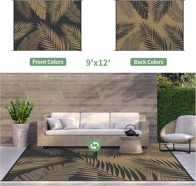 GENIMO Outdoor Rug, Waterproof Plastic Rugs for Patio, 9'x12' Black Brown | Outside Larger Leaf Carpet Mat for Porch Decor, Deck, Balcony, Camping, RV, Backyard, Picnic, Beach, Reversible, Foldable