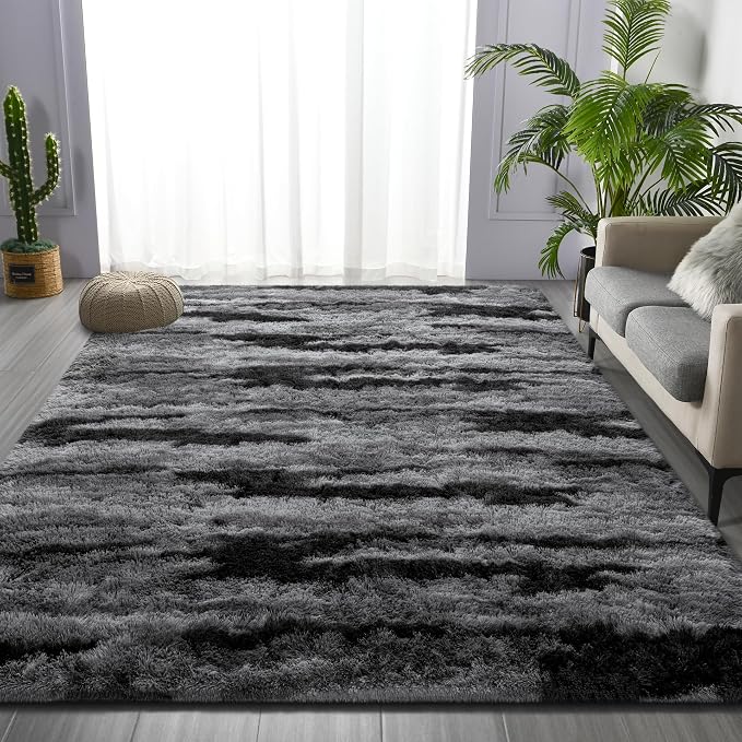 Deerhoo Large Shag Area Rugs 6 x 9, Tie-Dyed Plush Fuzzy Rugs for Living Room, Ultra Soft Fluffy Furry Rugs for Bedroom, Anti-Skid Indoor Carpet Nursery Rugs for Kids Room Home Decor, Black Gray