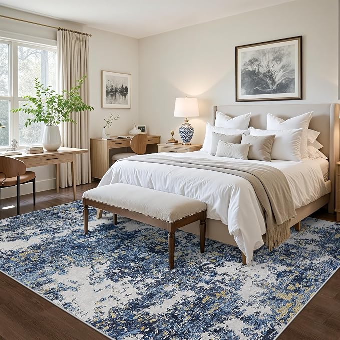 10x14 Area Rugs Living Room Rugs: Large Washable Rug with Anti-Slip Backing Non-Shedding Stain-Resistant Soft Abstract Carpet for Bedroom Dining Room Nursery Home Office-Blue/Multi