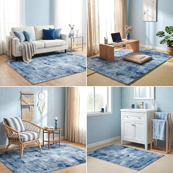 Washable Pet Friendly Area Rug, Water & Stain Resistant, 0.3" Low Pile, Foldable Abstract Rug, Non-Slip Cotton-Backed with Silicone Backing, for Bedroom Study Room, 5'x7', Navy Blue