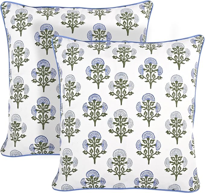Ridhi Block Print Mughal Buta Blue Pillow Cover 16" x 16" (Pack of 2) Decorative Couch Pillows for Living Room, Farmhouse Chic Boho Cute Outdoor Pillows Covers Gifts for Spring, Mother's Day
