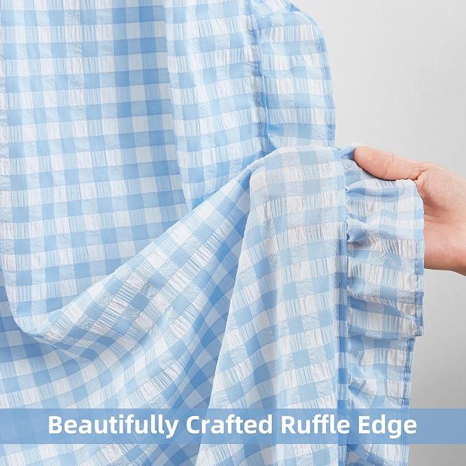 ZJDECOR Baby Blue Buffalo Plaid Ruffle Window Curtain Panels 84 Inches Long | Rustic Crinkled Not-See-Through Sheer Drapes,Shabby Chic Window Treatment,Bedroom Living Room,Rod Pocket,40"Wx84"Lx2