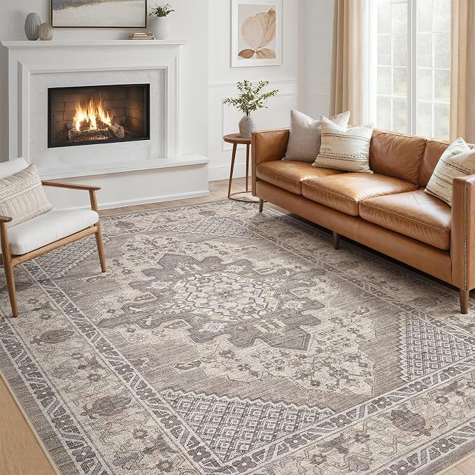 Tortania Area Rug Living Room Rugs - 5x7 Washable Boho Rug Vintage Oriental Distressed Farmhouse Large Thin Indoor Carpet for Living Room Bedroom Under Dining Table Home Office - Taupe Brown