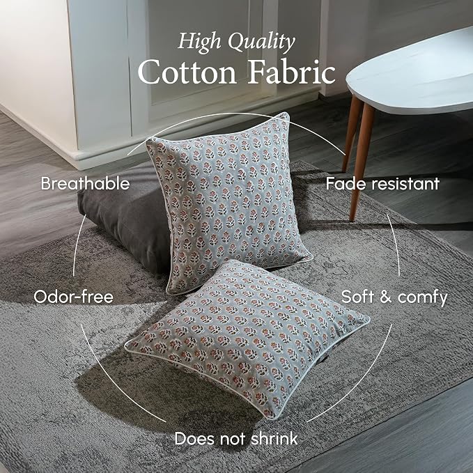 CPC 100% Cotton Throw Pillow Covers 18x18 Inch, Set of 2 Gray Block Print Pattern Couch Pillow, Cute Boho Decorative Pillows for Living Room, Bedroom with Hidden Zipper- Labra Gray