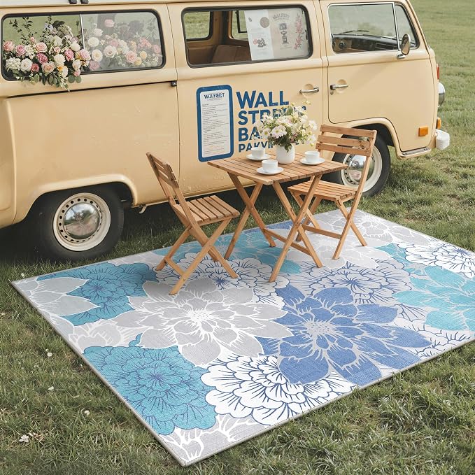 GENIMO 9x12 Outdoor Rug, Washable for Patio and Deck, Aqua Grey | Floral design for gazebo; lightweight chenille with quick-dry non-slip backing for indoor dining area