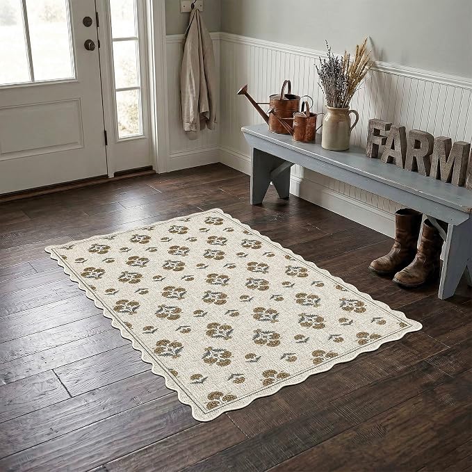 ORTIGIA Scalloped Easy Jute 3x5 Area Rug Vintage Yellow Block Floral Farmhouse Washable Rug Non-Slip Indoor Outdoor Carpet for Living Room Bedroom Kitchen Patio Entryway
