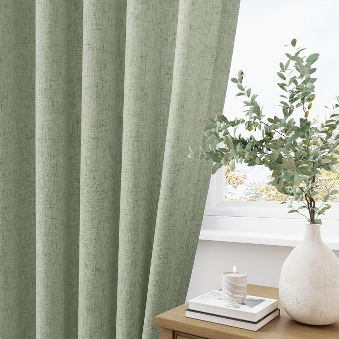 Sage Green Pinch Pleated 102 Inch Curtains 2 Panels for Living Room Green Linen Curtains 102 Inches Long Pinch Pleat Drapes for Track System Light Filter Semi Sheer Curtain for Dining Bedroom Office