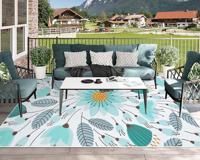 Lahome Floral Indoor Outdoor Rug 8x10, Non Slip Outdoor Patio Rug for Balcony Deck, Portable Large Outdoor Rugs for Camping Picnic Backyard, RV Mat Outdoor Carpet for Living Room Bedroom,Blue