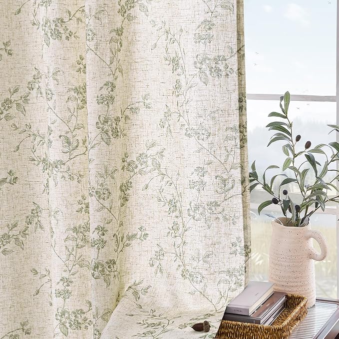 Lazzzy Green Floral Linen Curtains 63 Inch Farmhouse Back Tab Drapes for Living Room Bedroom Light Filtering Vintage Grandmillennial Rod Pocket Curtains, 2 Panels, W38 x L63, Green on Beige