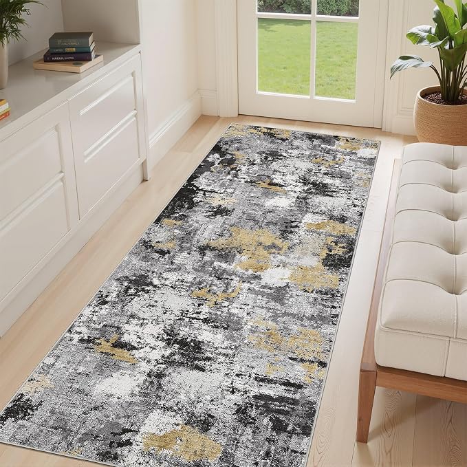 Abstract 3x8 Runner Rug: Machine Washable Non Slip Ultra Thin Low-Pile Carpet, Soft Stain Resistant for Hallway Kitchen Bathroom, Kid Pet Friendly, Robot Vacuum Compatible - Black Gold