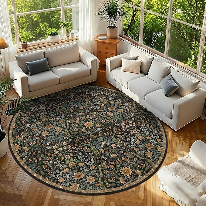 Round Rug 8ft Black Brown Washable Floral Circle Rug,Vintage Boho Botanical Round Area Rugs, Non-Slip Soft Low-Pile Circular Carpet for Bedroom,Kids Room,College Dorm,Home Decor
