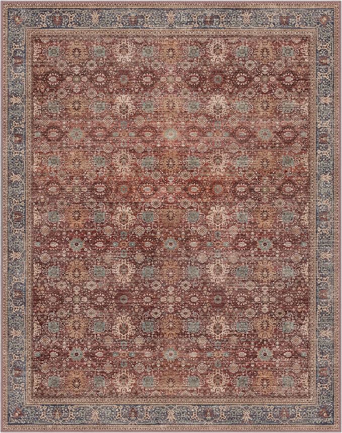 BESBLEE 10X14 Area Rugs Machine Washable Rugs for Living Room, Vintage Boho Large Rugs for Bedroom Dining Room, Non Slip Indoor Soft Distressed Lightweight Thin Low Pile Carpet, Red Brown
