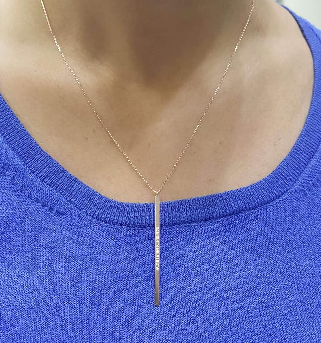 Personalized 14k Gold 5CM Thin Vertical Bar Necklace - Custom Engrave Name Date Coordinate Pendant for Men Women, Memorial Gift