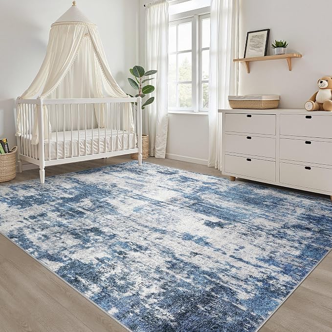 10x12 Area Rug Living Room: Washable Large Neutral Rug Abstract Soft Modern Stain Resistant Indoor Floor Non-Slip Carpet for Bedroom Nursery Kids Office Playroom Dining Room Under Table- Navy Gray