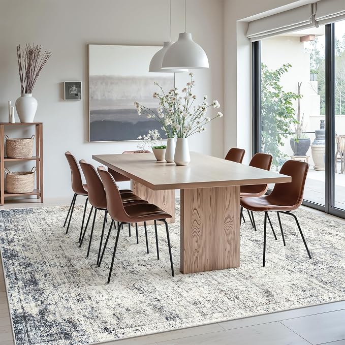 Soalmost 7x10 Area Rug for Living Room Washable Abstract Vintage Soft Thin Indoor Floor Non-Slip Carpet for Bedroom Dining Room Blue Ivory
