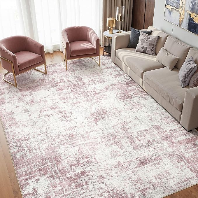 Washable 6x9 Area Rug for Living Room - Modern Abstract Carpet with Non-Slip Backing, Low Pile & Soft, Stain Resistant, Kid & Pet Friendly Decor for Bedroom & Dining Room - Pink