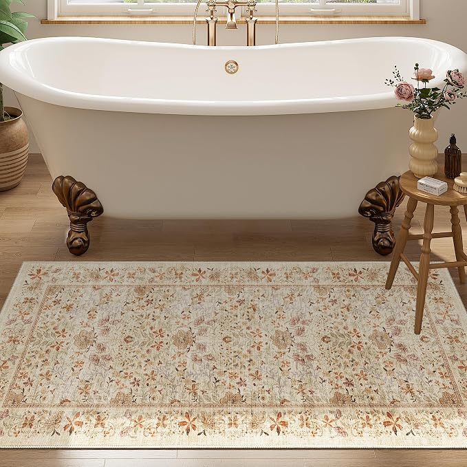 DUKINO 2x4 Rug, Washable Vintage Floral Bathroom Runner Rug, Beige | Non Slip, Low Pile, Stain Resistant, Aesthetic Lightweight Soft Indoor Carpet for Kitchen Entryway Hallway Bathroom Bedroom